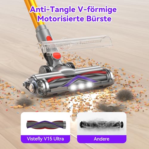 Vistefly V15 Ultra Akku Staubsauger, 48000Pa 600W 70Mins Staubsauger Kabellos mit Doppeldisplay,