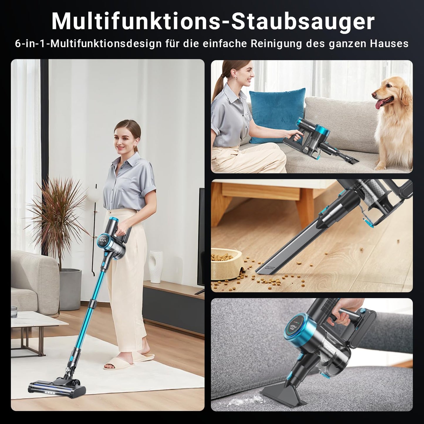 Akku Staubsauger, 45000Pa/550w/65Mins Staubsauger Kabellos mit LED-Touchscreen, 1.5L Staubabscheider,