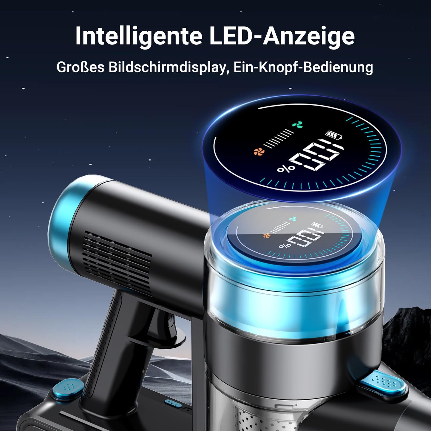 Akku Staubsauger, 45000Pa/550w/65Mins Staubsauger Kabellos mit LED-Touchscreen, 1.5L Staubabscheider,