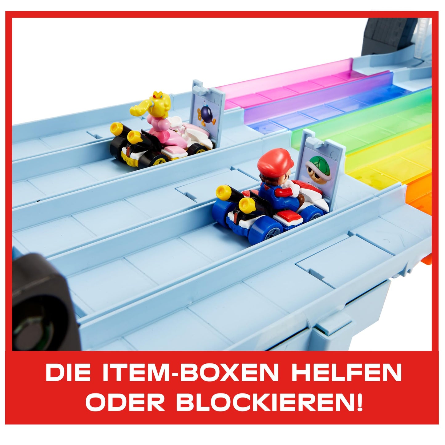 Hot Wheels Mario Kart Autorennbahn in Regenbogen Farben, inkl. 2 Spielzeugautos (Mario & King Boo), mit Beleuchtung und Geräuschen,