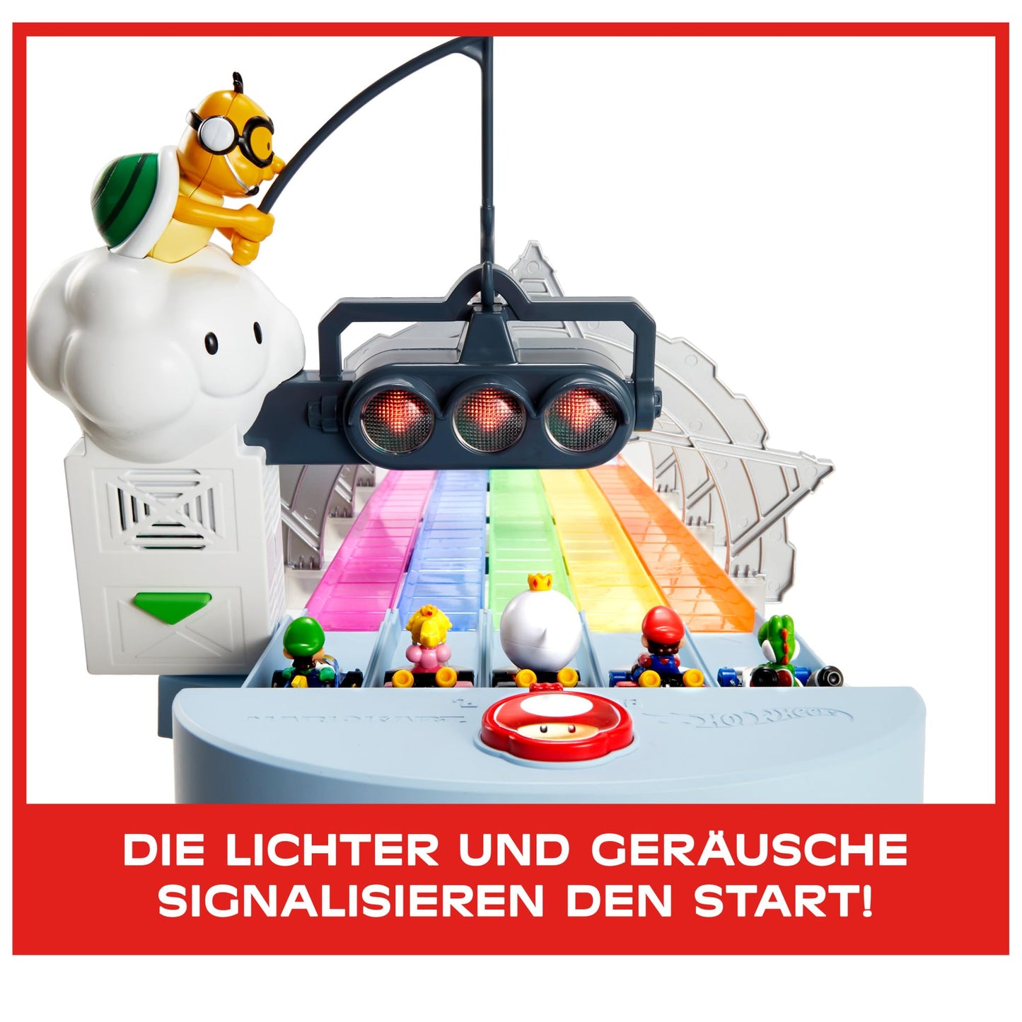Hot Wheels Mario Kart Autorennbahn in Regenbogen Farben, inkl. 2 Spielzeugautos (Mario & King Boo), mit Beleuchtung und Geräuschen,