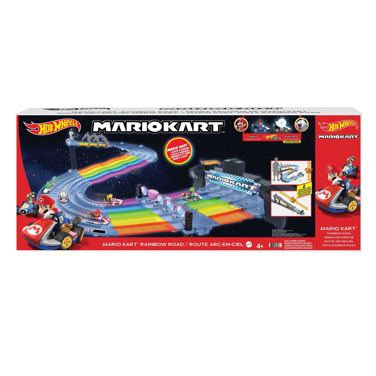 Hot Wheels Mario Kart Autorennbahn in Regenbogen Farben, inkl. 2 Spielzeugautos (Mario & King Boo), mit Beleuchtung und Geräuschen,