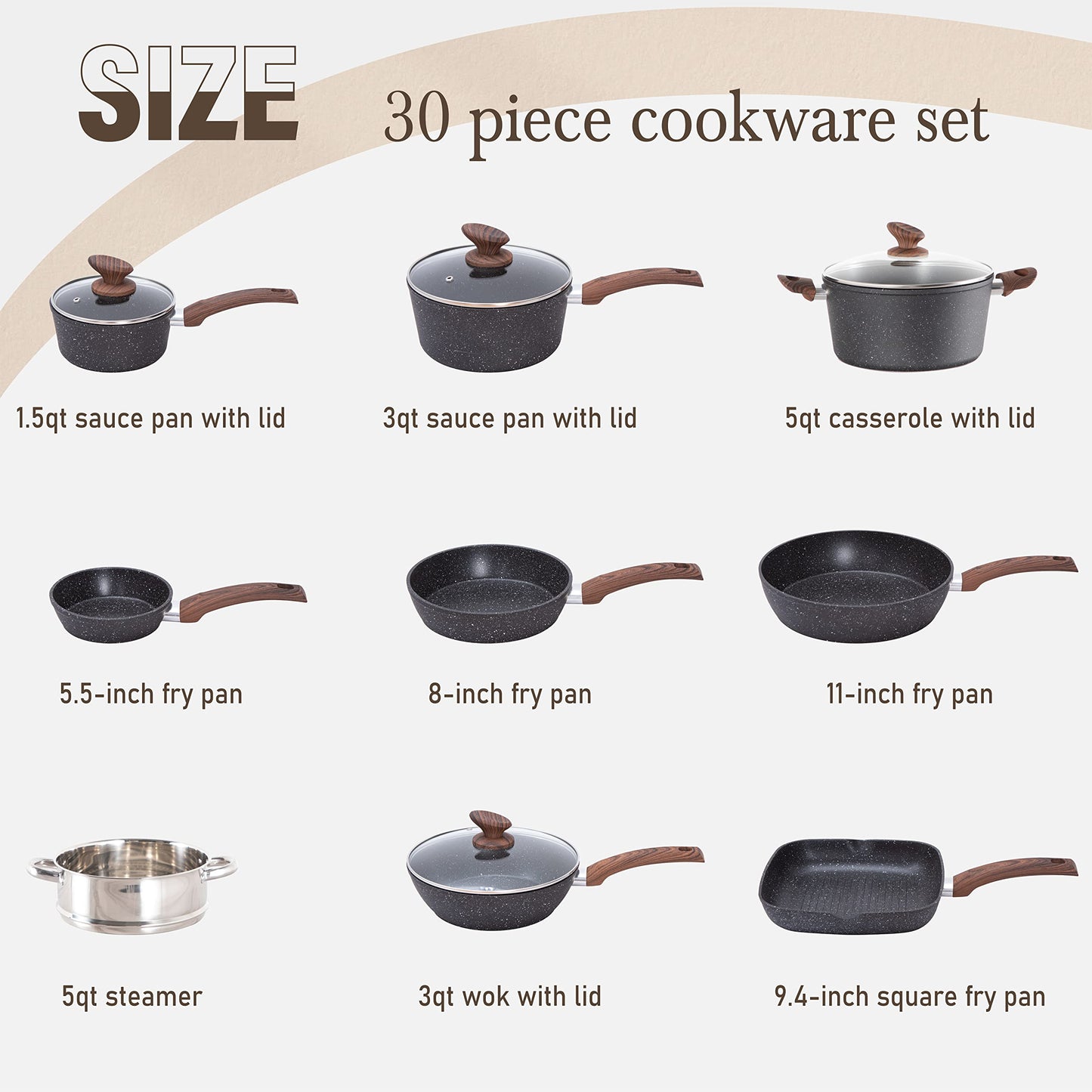Küche Induktion Kochgeschirr & Backgeschirr Set - 30-teiliges schwarzes Granit-Kochpfannen-Set,