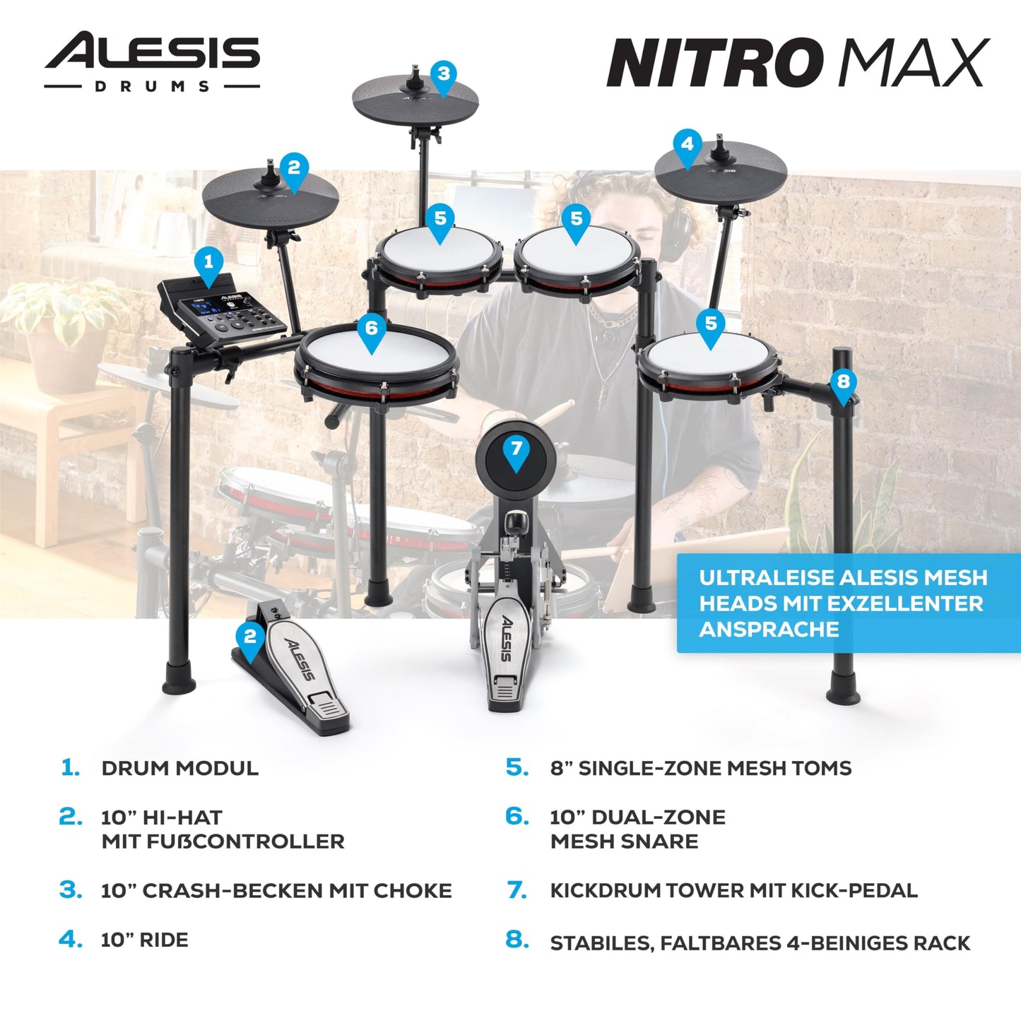 Alesis Nitro Max Kit Elektronische Schlagzeug mit Quiet Mesh Pads, 10"