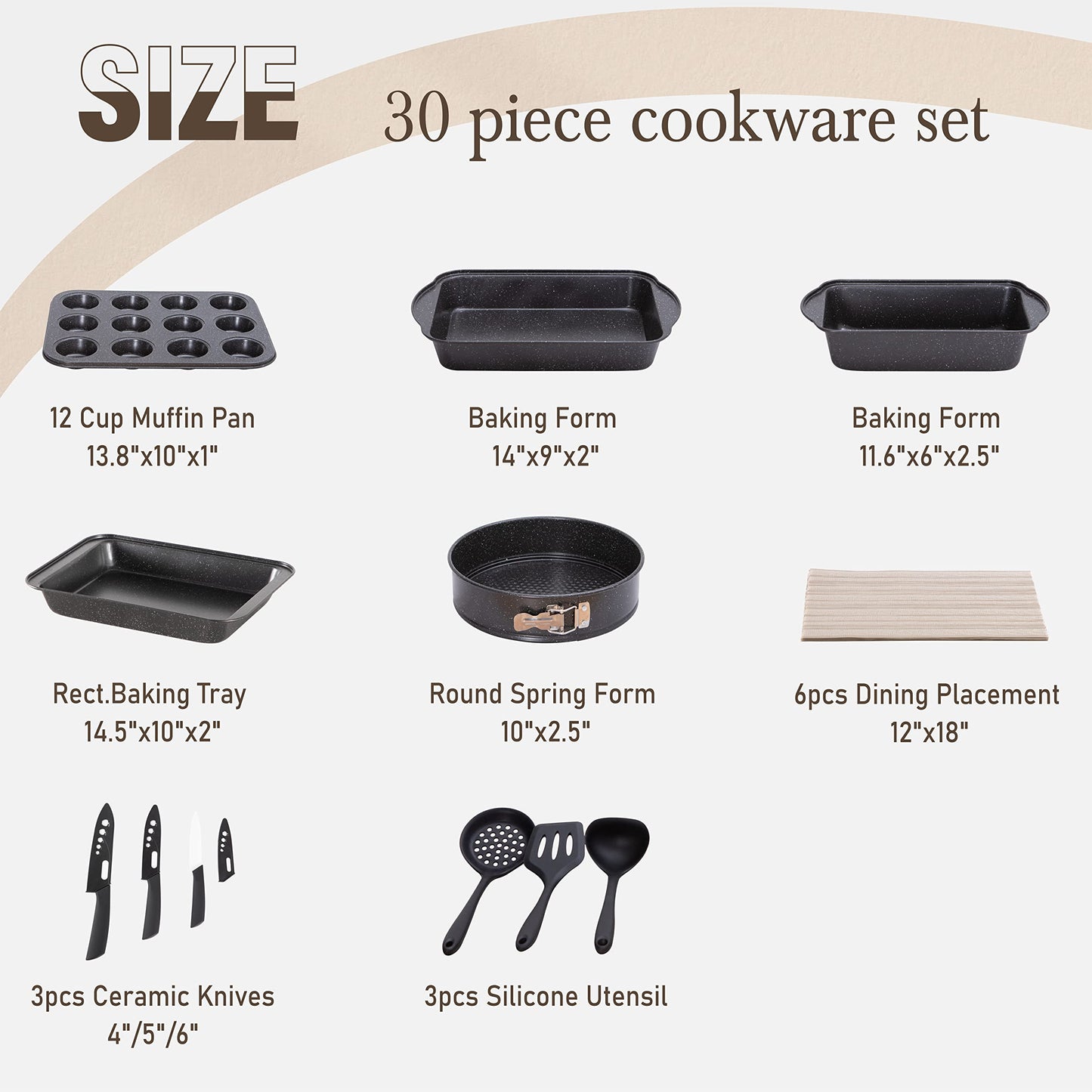 Küche Induktion Kochgeschirr & Backgeschirr Set - 30-teiliges schwarzes Granit-Kochpfannen-Set,