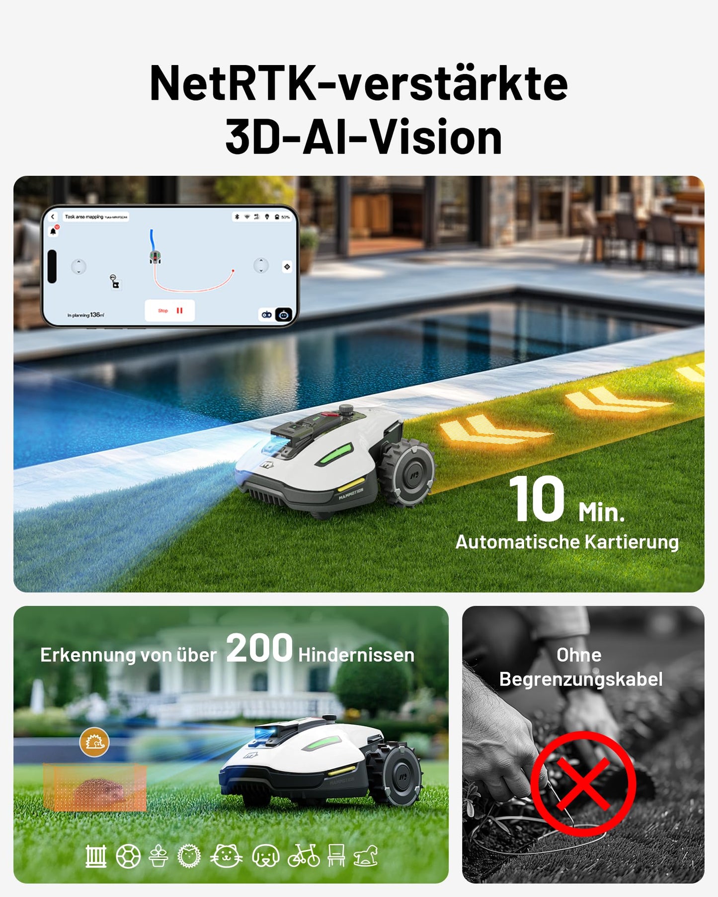 MAMMOTION YUKA Mini 500 Mähroboter ohne Begrenzungskabel, NetRTK+Vision, Keine RTK-Antenne erforderlich,