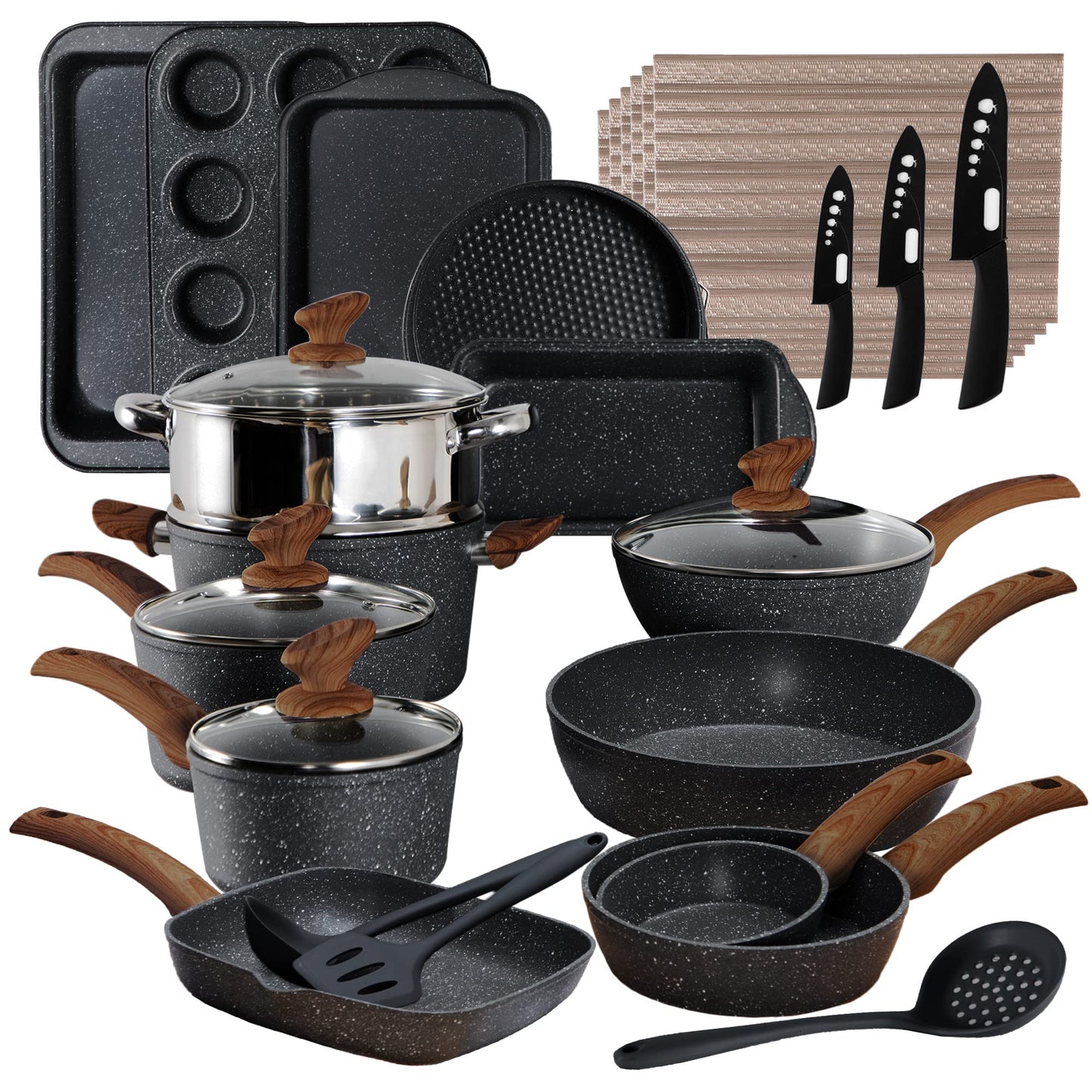Küche Induktion Kochgeschirr & Backgeschirr Set - 30-teiliges schwarzes Granit-Kochpfannen-Set,