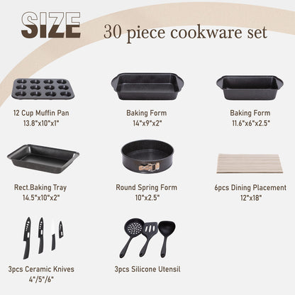 Küche Induktion Kochgeschirr & Backgeschirr Set - 30-teiliges schwarzes Granit-Kochpfannen-Set,