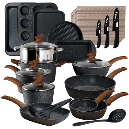 Küche Induktion Kochgeschirr & Backgeschirr Set - 30-teiliges schwarzes Granit-Kochpfannen-Set,